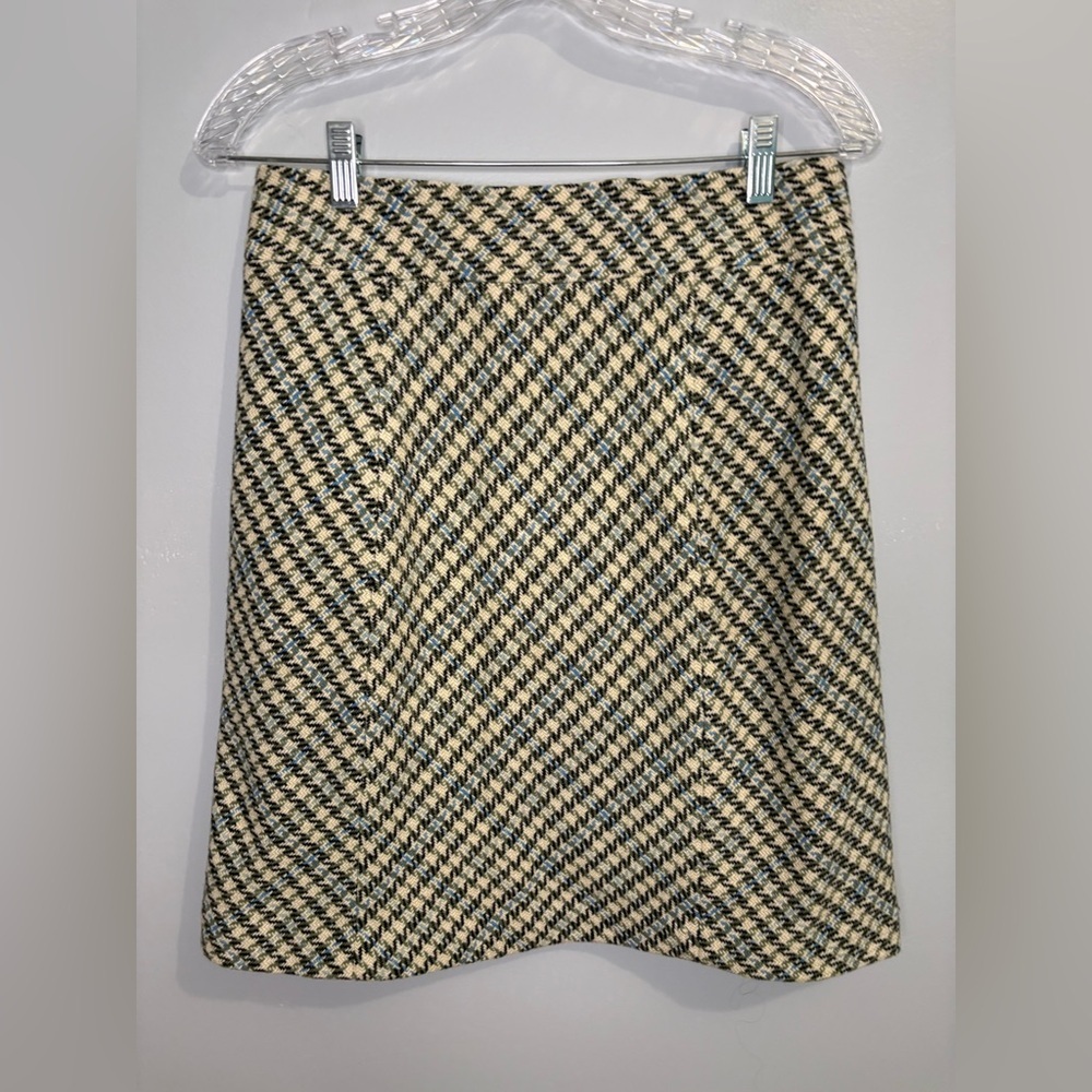 Ann Taylor Women’s Size 4 Skirt Wool-Blend Lined Cream Green Blue Houndstooth